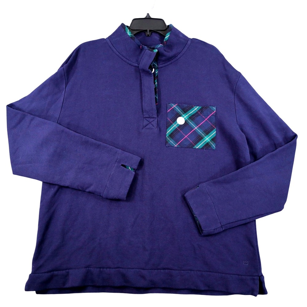Crown & Ivy Pullover Sweater Mens L Navy Plaid‎ Pocket Casual Sweatshirt